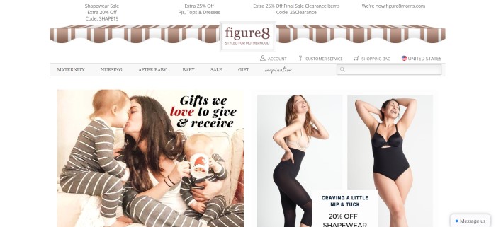 This screenshot of the home page for Figure 8 has a white sales header, a white and brown decorative awning with a logo above a white and gray navigation bar, a photo of a smiling dark-haired mother with twin babies in matching gray and white outfits, and two photos of smiling women wearing black shapewear clothing.