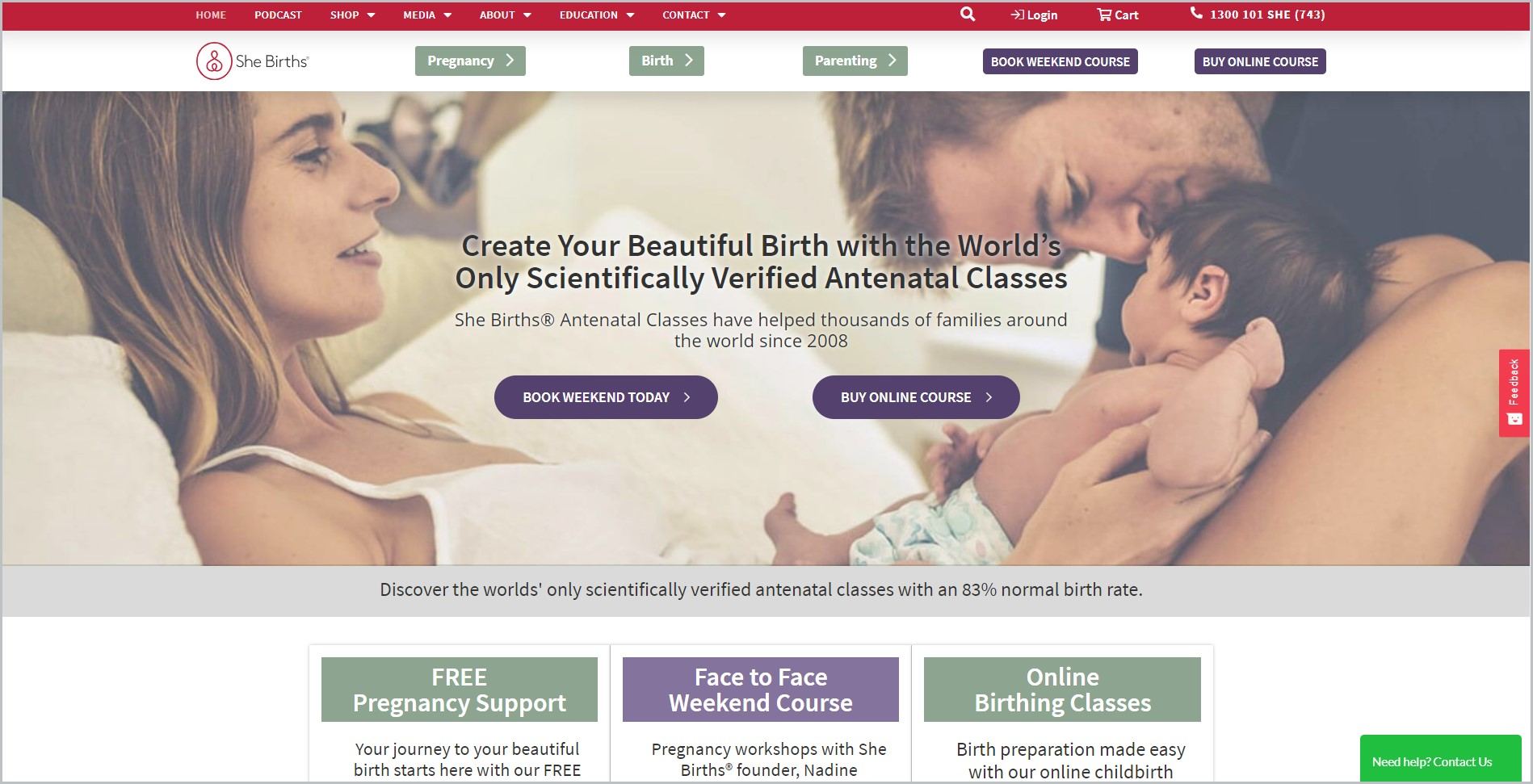 screenshot of She Births homepage, with red announcement bar, white header with the website's name and main navigation menu, it also features a closeup image of couples with their newborn