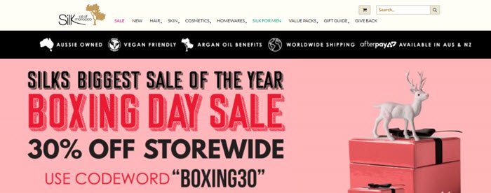 Silk Oil of Morocco Website Screenshot showing a Boxing Day sale