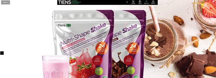 Tiens Website Screenshot showing two bags of protein shake mix