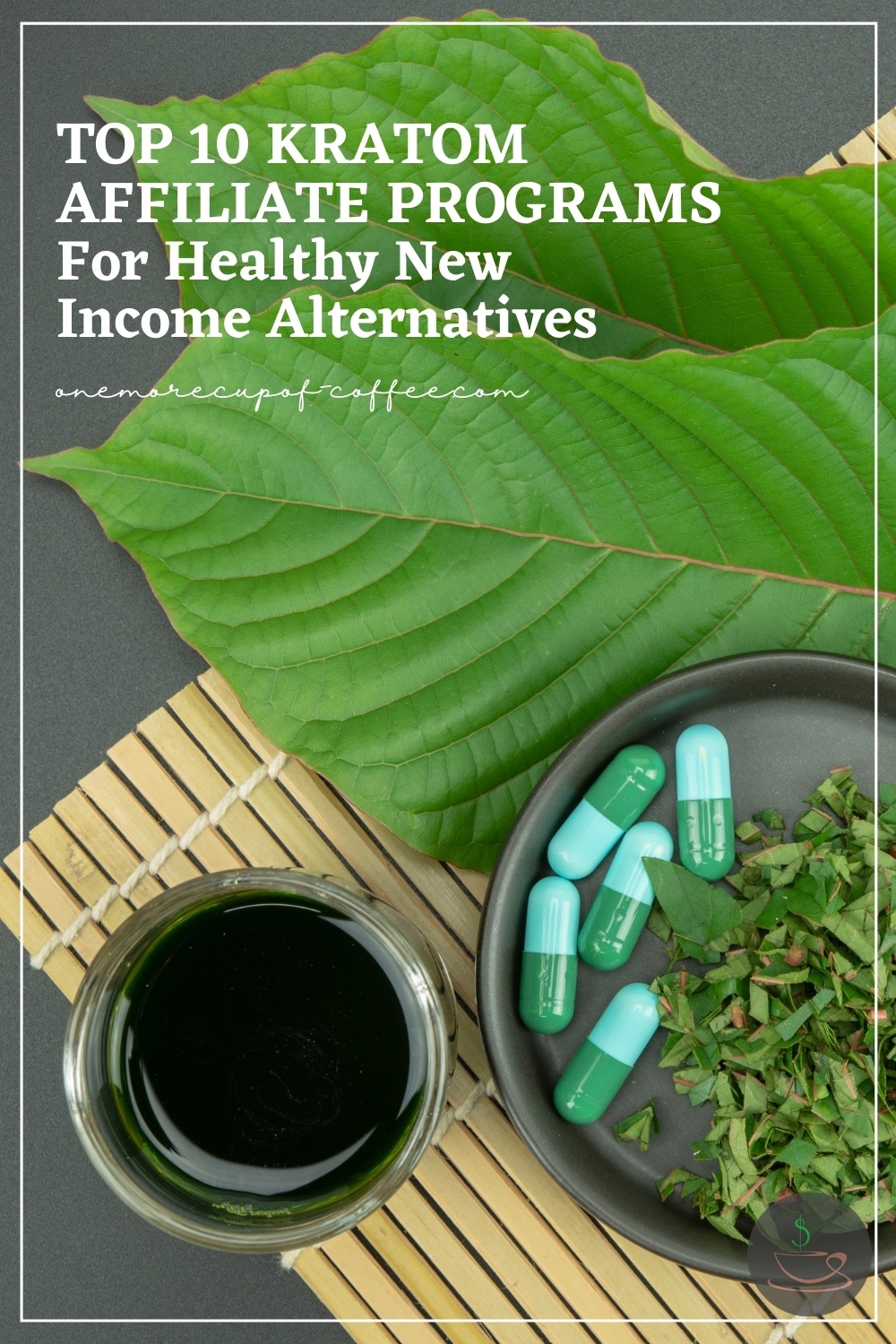 top view image of kratom leaves, capsules, and tea; with text overlay "Top 10 Kratom Affiliate Programs For Healthy New Income Alternatives"