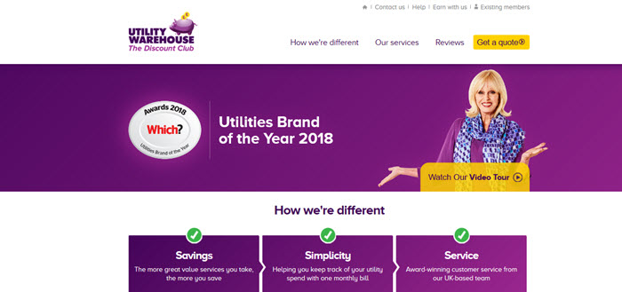 Utility Warehouse Website Screenshot showing some of their services