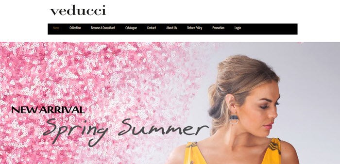 Veducci Website Screenshot showing a woman in a yellow dress and blossoms 