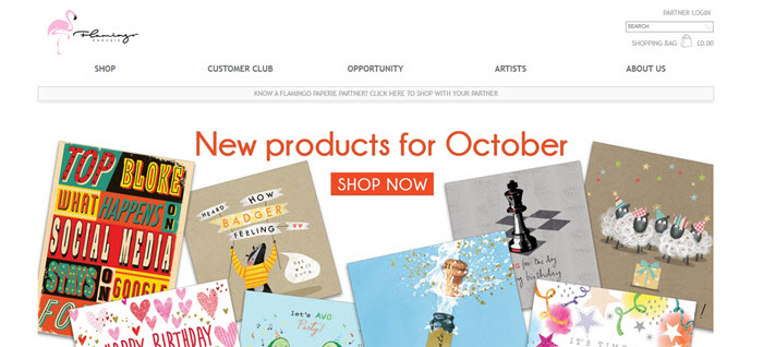 Website Screenshot from Flamingo Paperie showing various paper products