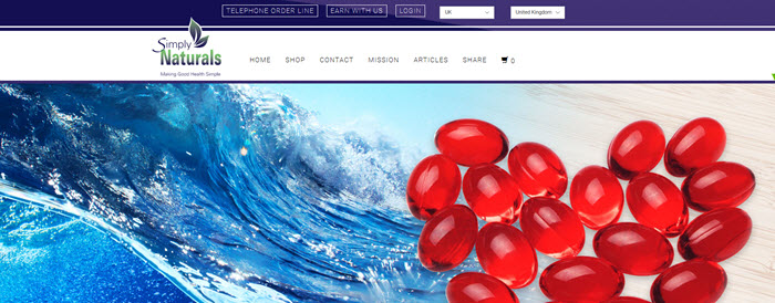 Website Screenshot from Simply Naturals showing waves and red supplements