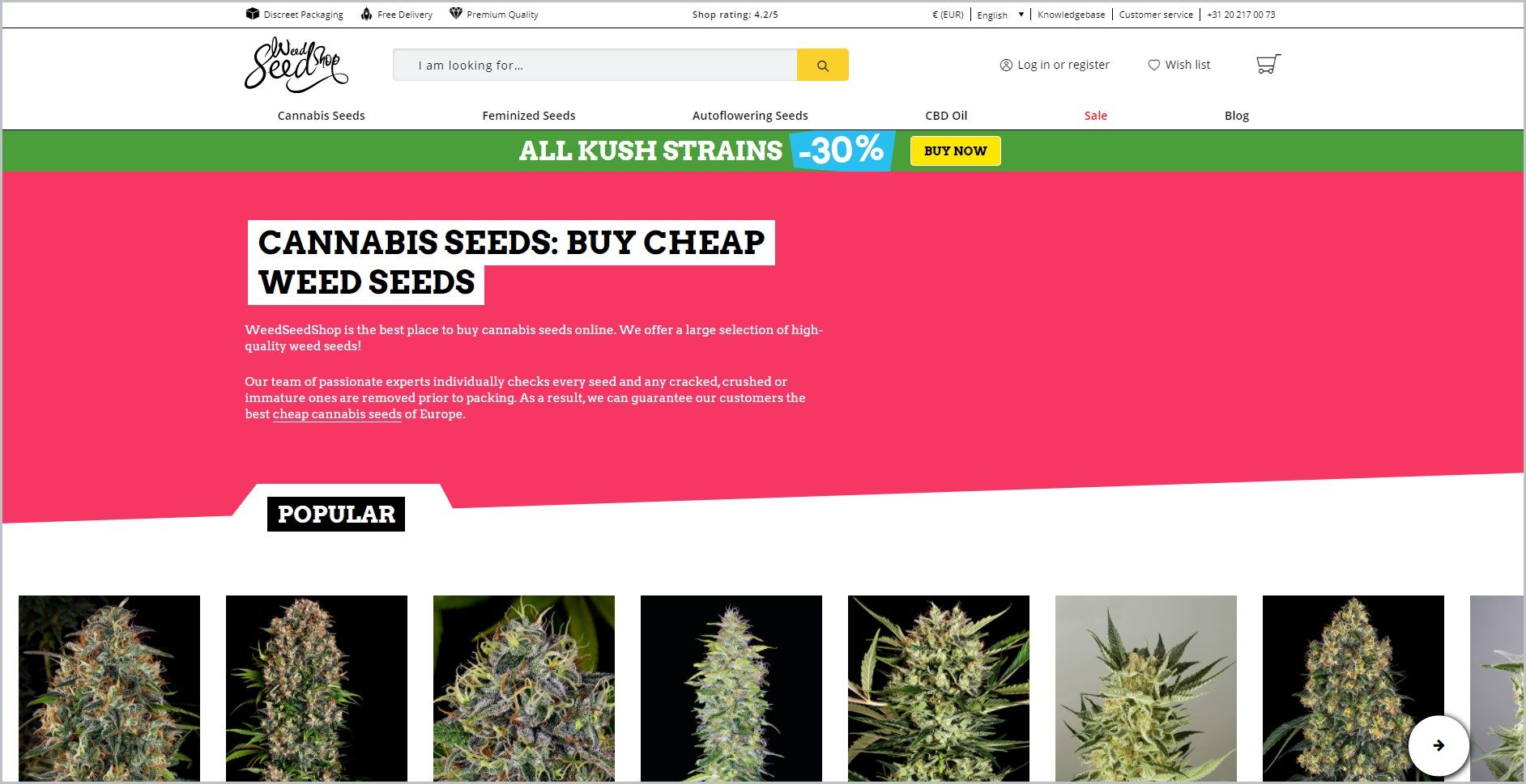 screenshot of WeedSeedShop homepage with white header bearing the website's name and search bar and main navigation menu, it also showcases different variety of weed