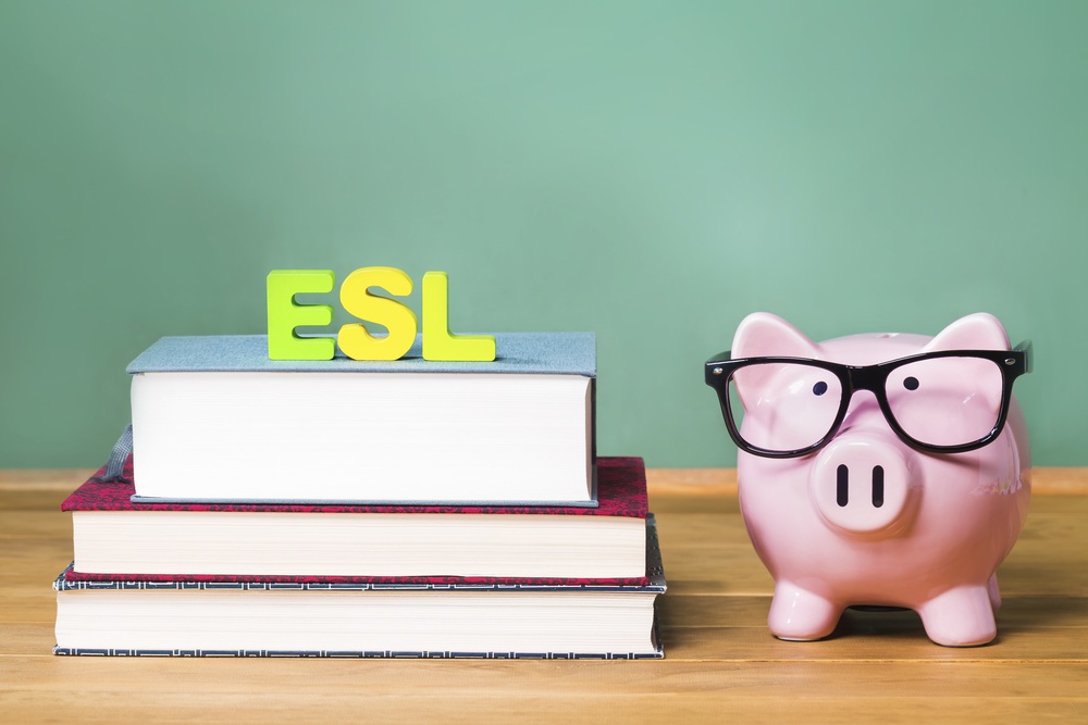 cute pig in glasses with english language books to represent ESL affiliate programs