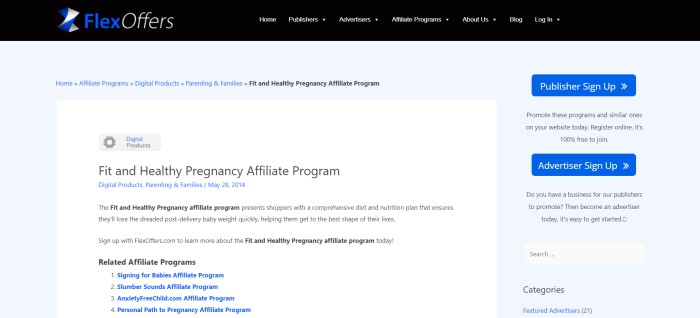 This screenshot of the affiliate sign-up page for Fit And Healthy Pregnancy has a black, blue, and white FlexOffers header above a pale blue background and a white main section, along with text in blue and black describing the Fit And Healthy Pregnancy Affiliate Program and related programs. 