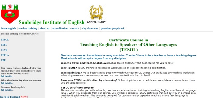 This screenshot of the TEFL page of Sunbridge Institute of English has a red and green logo in the upper left of the page, a golden "21 years" logo in the upper center of the page, a white background, and text in green, blue, and black describing the teacher training certificate courses available with this company. 