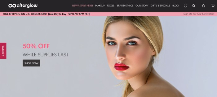 This screenshot of the home page for Afterglow Cosmetics has a black navigation bar, a pink announcement bar for free shipping, and a large photo of a blonde woman with perfect makeup next to a pink and gray announcement for a 50% off sale.