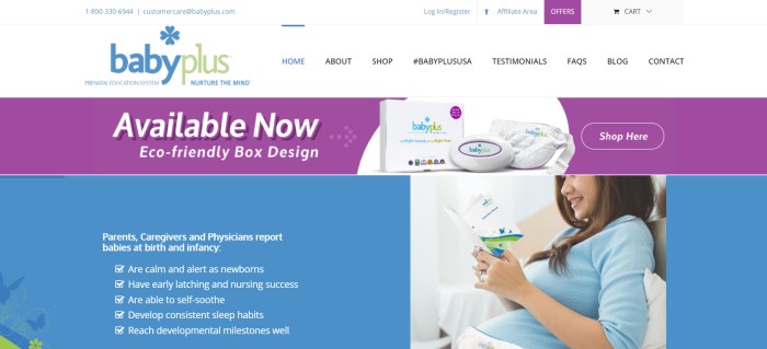 This screenshot of the home page for BabyPlus has a white navigation bar, a blue and green logo, a purple advertisment for the eco-friendly box design of the BabyPlus technology, a blue information section in the lower left corner, and a photo of a smiling dark haired woman in a blue shirt wearing the device on her pregnant belly as she reads what appears to be an instructional manual.