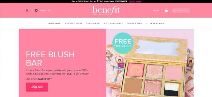 This screenshot of the home page for Benefit has a pink and black header, a white navigation bar, a pink announcement for a free blush bar on the left side of the page, and a photo of the blush bar on the right side of the page. 