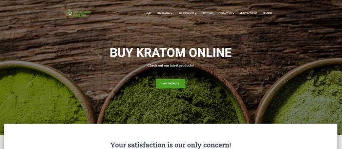 This screenshot of the home page for Buy Kratom Bulk USA shows an overhead photo of three wooden bowls on a wooden table, each filled with Kratom powders in different shades and textures, along with white text reading "Buy Kratom online" and a green call-to-action button.