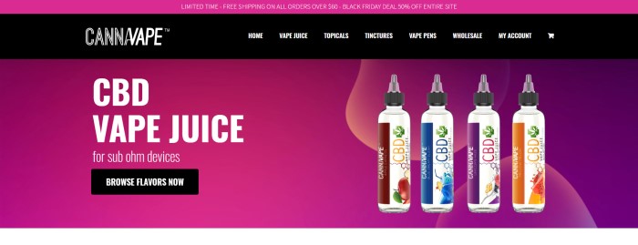 This screenshot of the home page for Cannavape has a pink header and background, a black navigation bar, and a photo of several bottles of different types of vape juice, next to white lettering that reads 