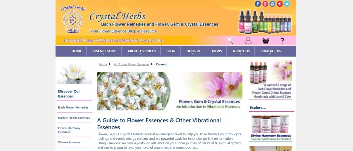 This screenshot of the home page for Crystal Herbs has a yellow header with a photo of several dropper bottles with colorful labels, a greyish blue navigation bar, and various photos of flowers and dropper bottles mixed with text in black that describes what flower and crystal essences are. 