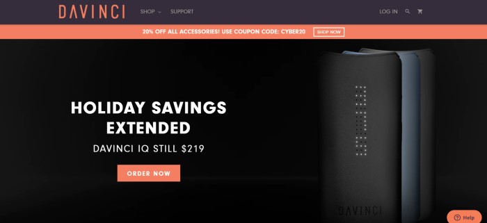 This screenshot of the home page for Davinci Vaporizers has a black header and background, an orange 20% discount sales bar, and a black main section with white text announcing extended holiday savings along with a side photo of a set of Davinci IQ vaporizers.