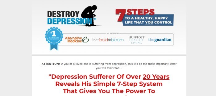 This screenshot of the home page for Destroy Depression has a light gray background with red and blue elements, along with a row of media icons that the program has been featured in above a sales letter in black and red text.