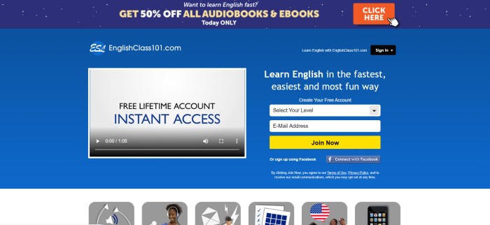 This screenshot of the home page for English Class 101 has a dark blue header with white dots and a sales announcement with an orange call-to-action button above a royal blue main section with a gray-screened video player on the left side of the page and an opt-in window with a yellow call-to-action button on the right side of the page. 