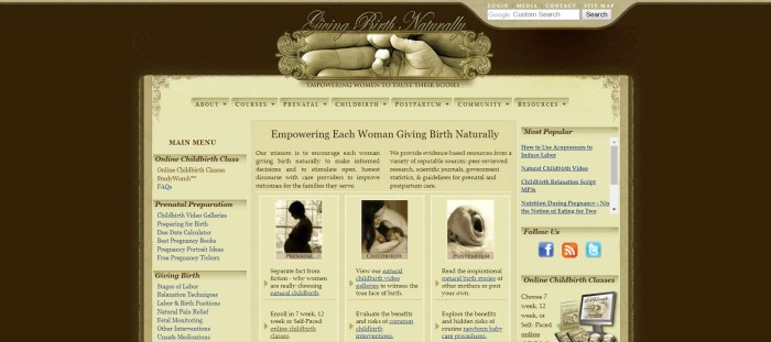 This screenshot of the home page for Giving Birth Naturally has a dark background, a gold navigation section, and a gold main section with dark text describing the website, along with a products section on the left side, a row of small black and white photos representing the three trimesters of pregnancy, and some links on the right.