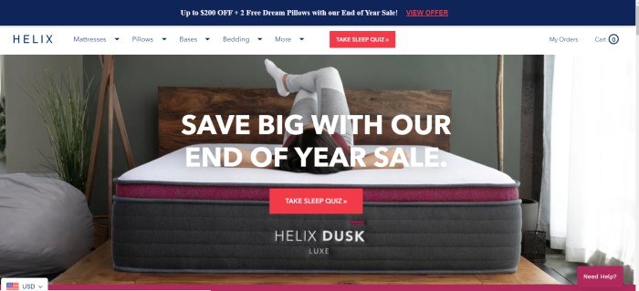 This screenshot of the home page for Helix Sleep has a dark blue header, white navigation bar with a red call-to-action button, and a photo of a woman lying on a plain Helix mattress with her hands under her head and her white-socked feet toward the headboard, looking relaxed, along with white text announcing a sale. 