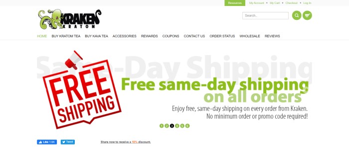 This screenshot of the home page for Kraken Kratom has a white background with a green and black logo above an advertisement in green and red over a white background for free same-day shipping on all orders.