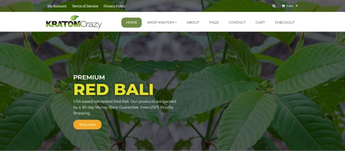 This screenshot of the home page for Kratom Crazy has a white navigation bar across the top of a dark-filtered photo of Kratom leaves, along with text in yellow and white advertising Red Bali Kratom with an orange call-to-action button.