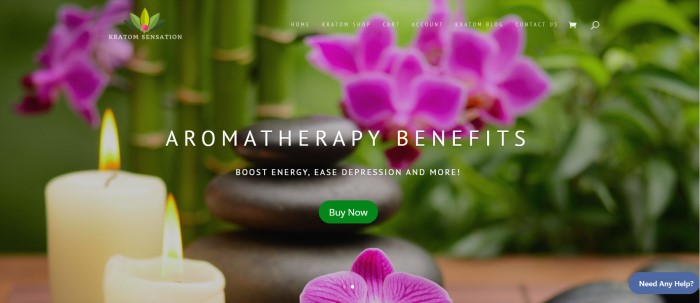 This screenshot of the home page for Kratom Sensation has a slightly blurry photo of green plants with pink flowers behind two lit white candles and 3 black stacked stones, along with white text announcing aromatherapy benefits and a green call-to-action button.