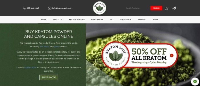 This screenshot of the home page for Kratom Spot has a black header, a white navigation bar with black text, a dark green text box on the left side of the screen with white lettering advertising Kratom powder and capsules, and a photo of a white bowl filled with Kratom powder on the right side of the screen, behind an advertisement for a 50% discount.