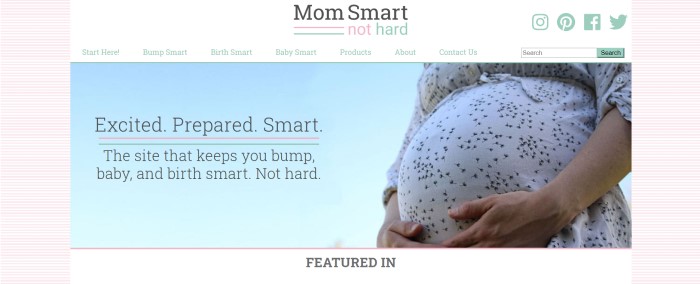 This screenshot of the home page for Mom Smart Not Hard has a pink and white striped background, a white navigation bar with text in pink, black, and green, and a photo looking up toward the sky so that viewers can see the blue of the sky along with a large pregnant belly in a white floral print shirt, along with black text that describes the website.