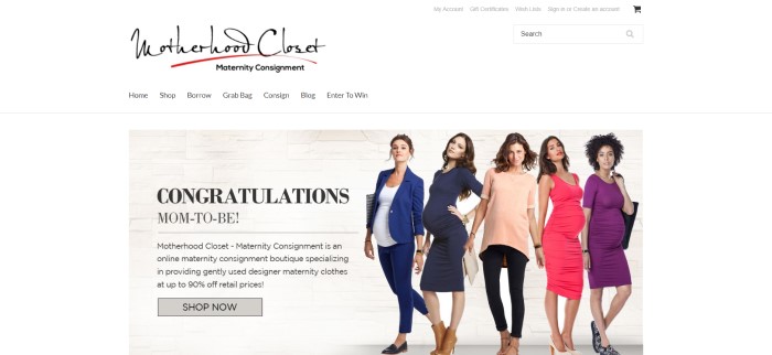 This screenshot of the home page for Motherhood Closet has a white navigation bar with black text above a photo of five pregnant woman wearing fashionable clothing in blue, white, peach, watermelon, and purple, along with black text congratulating expectant mothers and describing Motherhood Closet.