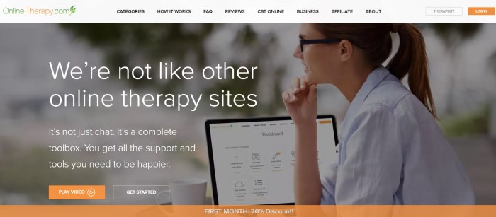 This screenshot of the home page for Online Therapy contains a filtered photo of a sideview of a smiling woman in glasses and a ponytail looking away from her open computer screen, along with white text that reads 