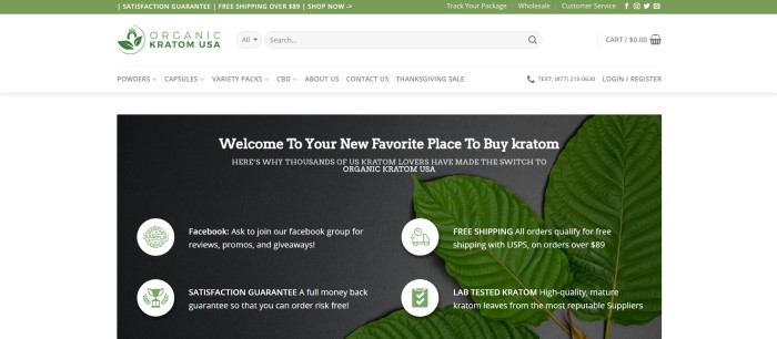 This screenshot of the home page for Organic Kratom USA has a green header announcing free shipping and a satisfaction guarantee above a white background and a dark-filtered photo of kratom leaves with green and white icons and white text describing why customers should buy from this company. 