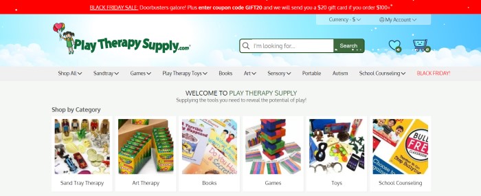 This screenshot of the home page for Play Therapy Supply includes a red sales header above a background of a graphic blue sky with white clouds, and a row of photos and text showing some of the products sold at this online store.