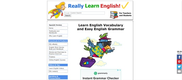 This screenshot of the home page for Really Learn English has a white background with black text, a graphic of a woman superhero in red and blue with a yellow cape, and a graphic of a bluebird in a yellow and blue Hawaiian shirt with sunglasses, a purple suitcase, and a purple visor.