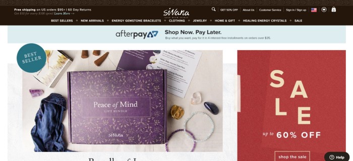 This screenshot of the home page for Sivana Spirit has a dark header and navigation bar, a large photo of a purple box that says "Peace of mind gift bundle on it" with gemstones and incense cones surrounding it, and a red 60% off sale box on the right side of the page.