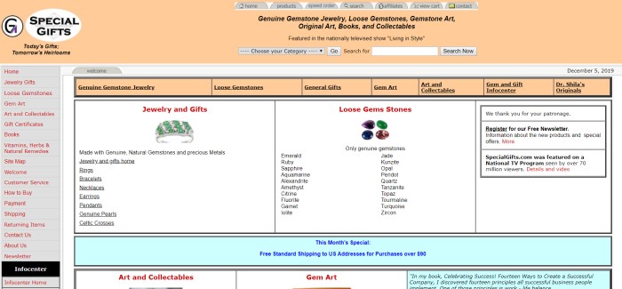 This screenshot of the home page for Special gifts has pale orange headers with gray navigation tabs, a white background, a gray navigation bar on the left side of the page, and lists of jewelry, gifts, and loose gemstones that customers can browse through, along with a picture of an emerald and silver ring and a small photo of a few loose gems.