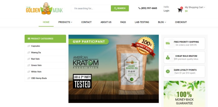 This screenshot of the home page for The Golden Monk has a white background, an orange and green logo, green icons and category headers, and a photo of a package of Green Maeng Da Kratom on a wooden deck overlooking a green landscape with blue skies.