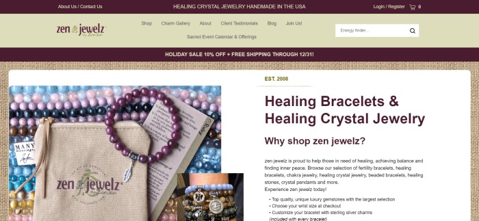 This screenshot of the home page for Zen Jewelz has a dark and light brown header and navigation bar above a light brown burlap background with a photo of various gemstone bracelets made from spherical beads and a white text area with black lettering that tells about the company and the jewelry.