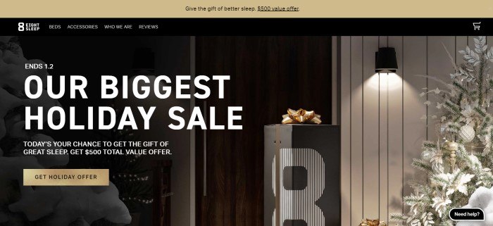 This screenshot of the home page for Eight Sleep includes a tan header above a dark filtered photo of a brown and white room containing a large 8 sleep box with a golden gift bow on top of it, along with white text announcing a holiday sale and a gold call-to-action button.