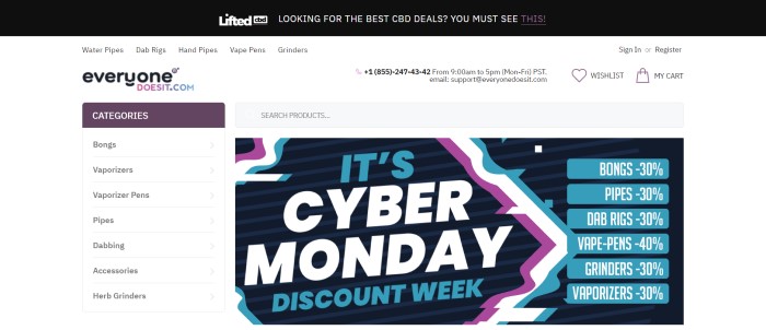 This screenshot of the home page for Everyonedoesit has a black header, a white background with black text, and a main section with a graphic background in purple, white, teal, and black, along with text announcing a sale for cyber Monday discount week. 