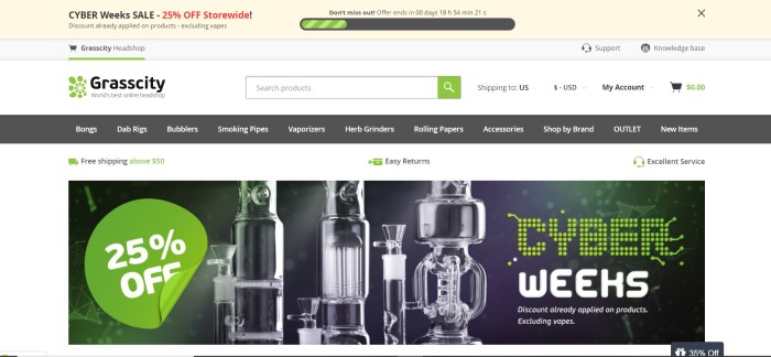 This screenshot of the home page for Grasscity has a white background a dark gray navigation bar, and green elements above a set of smoking equipment, along with green and white text announcing a cyber-week sale for 25% off.