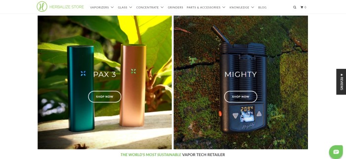 This screenshot of the home page for Herbalize Store has a white navigation bar and background, along with a photo on the left side of the page of two Pax 3 vaporizers and a photo on the right side of the page for a black Mighty vaporizer.