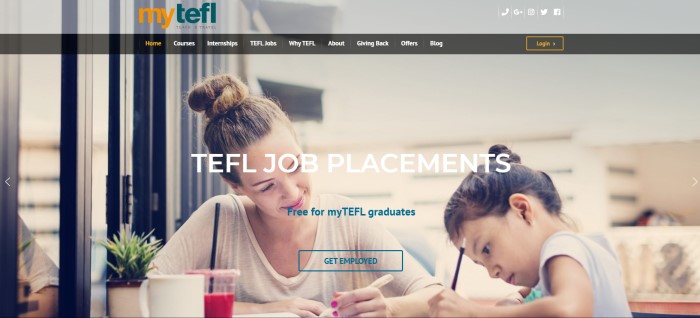 This screenshot of the home page for myTEFL has a black navigation bar with white text overlaying a photo of a brown-haired woman in a bun and a white shirt smiling at a young dark-haired girl in a bun who is working with a pencil in what appears to be a classroom or office, along with white text that reads "TEFL job placements."