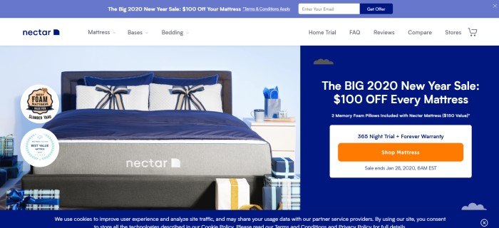 This screenshot of the home page for Nectar includes elements in blue and white, including a blue header, white navigation bar, a sales window, and a photo of a bed with blue and white pillows over a Nectar mattress, with the mattress showing on the bottom edge of the bed.