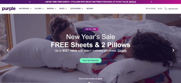 This screenshot of the home page for Purple has a purple sales header, a white and purple navigation bar, and a dark filtered photo of a man and a woman lying face down on a bed while hugging enormous pillows and looking at each other as if they're sharing a joke, along with white text announcing a New Year's sale and a green call-to-action button.