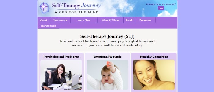 This screenshot of the home page for Self-Therapy Journey includes a periwinkle background, a white main section with photos and black text describing self-therapy journey elements, and a light purple navigation bar with a purple call-to-action button.