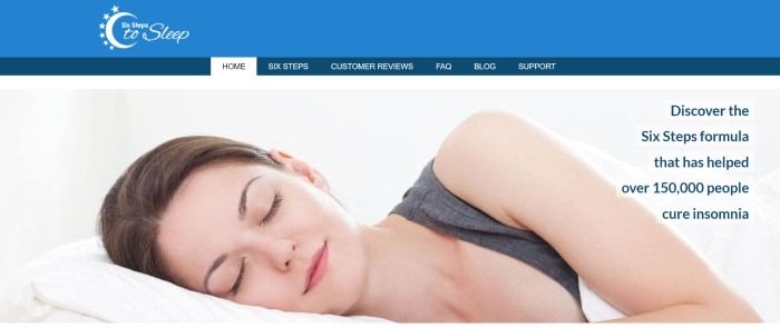 This screenshot of the home page for Six Steps To Sleep has a blue header and navigation bar above a photo of a sleeping brunette woman in a gray tank top, lying on a bed with white pillows and blankets, along with text announcing the six-step formula for combating insomnia.