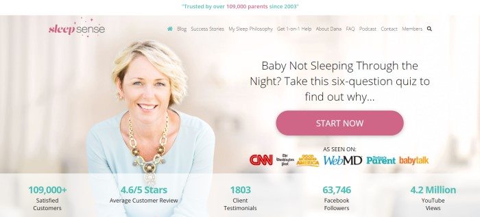 This screenshot of the home page for Sleep Sense shows a smiling blond woman with short hair, a light blue shirt, and a gold chain necklace, along with black text announcing a program for helping babies sleep through the night and a rose-colored call-to-action button.