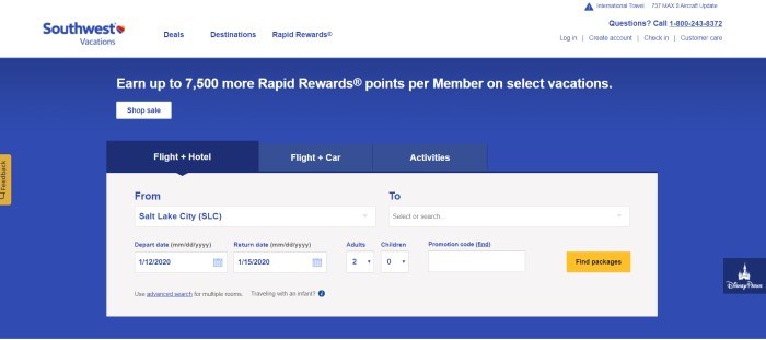 This screenshot of the home page for Southwest Vacations has a white navigation bar with blue text above a large royal blue area with white text and a large gray search box, along with a yellow call-to-action button.