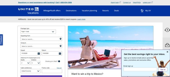 This screenshot of the home page for United Vacations has a royal blue navigation bar with gray bars above and below it inviting customers to book flights, along with a white search window on the lower left side of the page and a photo of a woman in a hat lying on a lounge chair on a sunny beach.